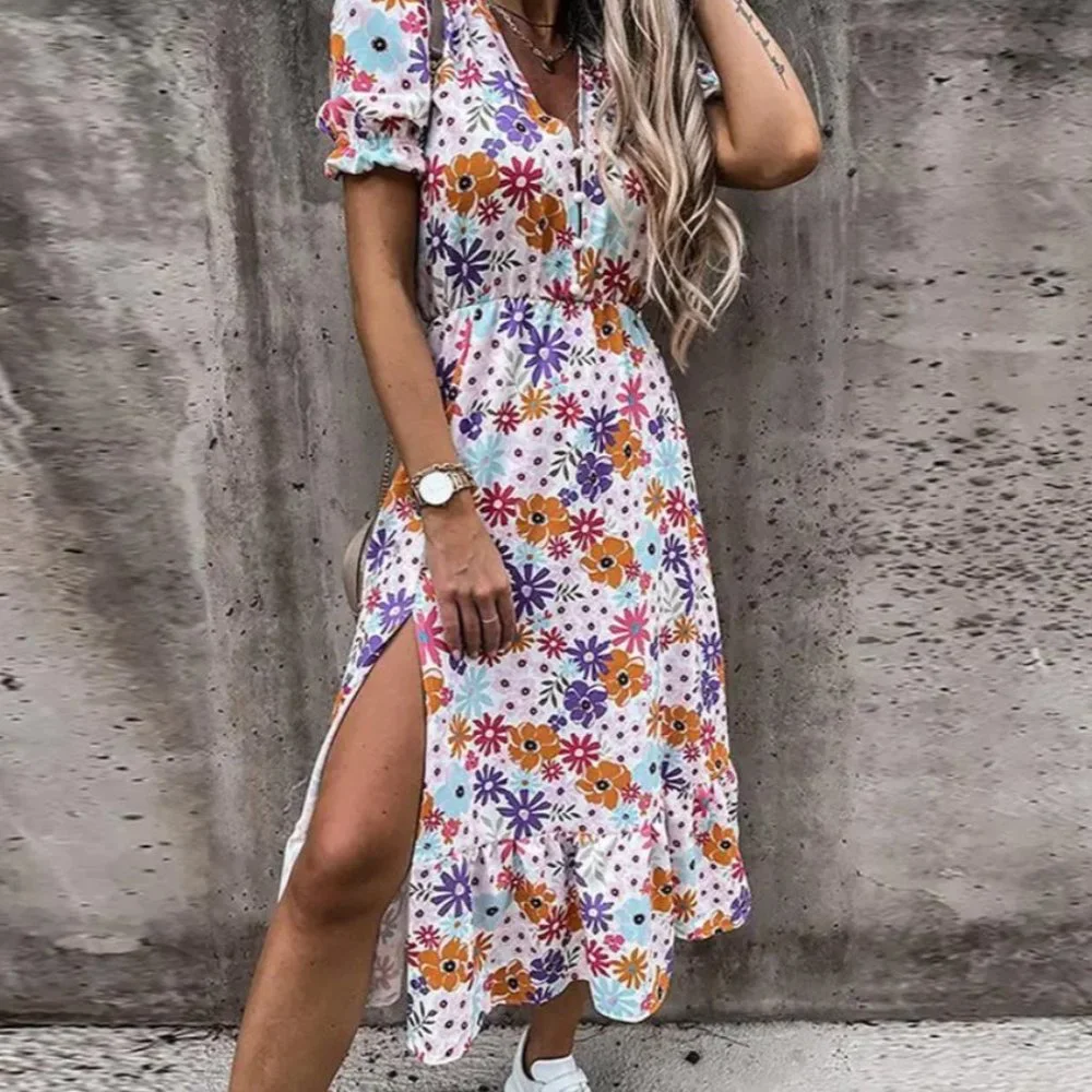 Boho Floral Print Short Sleeve Button Down  Midi Dress.
